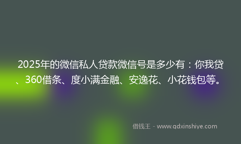 2025年的微信私人贷款微信号是多少有：你我贷、360借条、度小满金融、安逸花、小花钱包等。