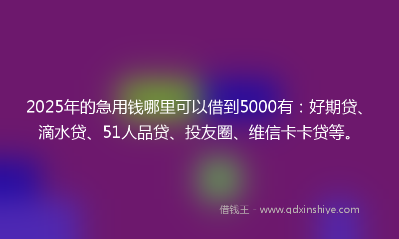 2025年的急用钱哪里可以借到5000有：好期贷、滴水贷、51人品贷、投友圈、维信卡卡贷等。