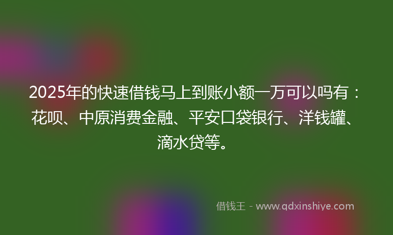 2025年的快速借钱马上到账小额一万可以吗有：花呗、中原消费金融、平安口袋银行、洋钱罐、滴水贷等。