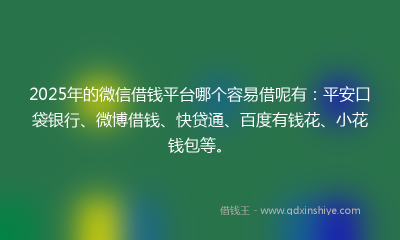 2025年的微信借钱平台哪个容易借呢有：平安口袋银行、微博借钱、快贷通、百度有钱花、小花钱包等。