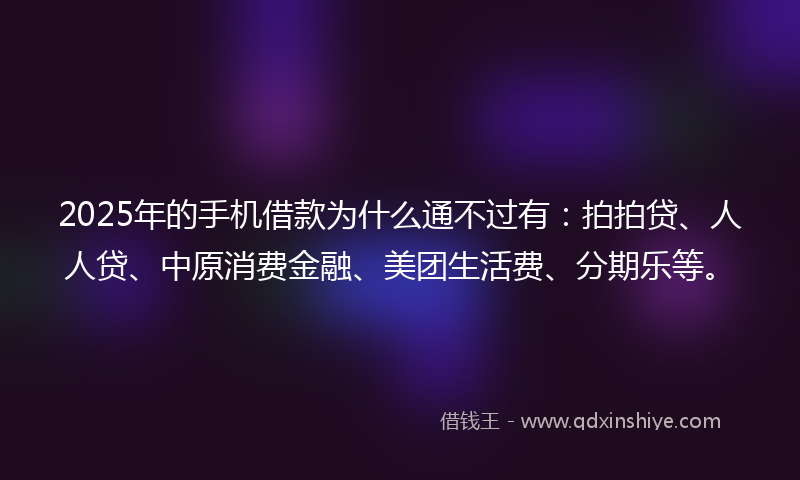 2025年的手机借款为什么通不过有：拍拍贷、人人贷、中原消费金融、美团生活费、分期乐等。