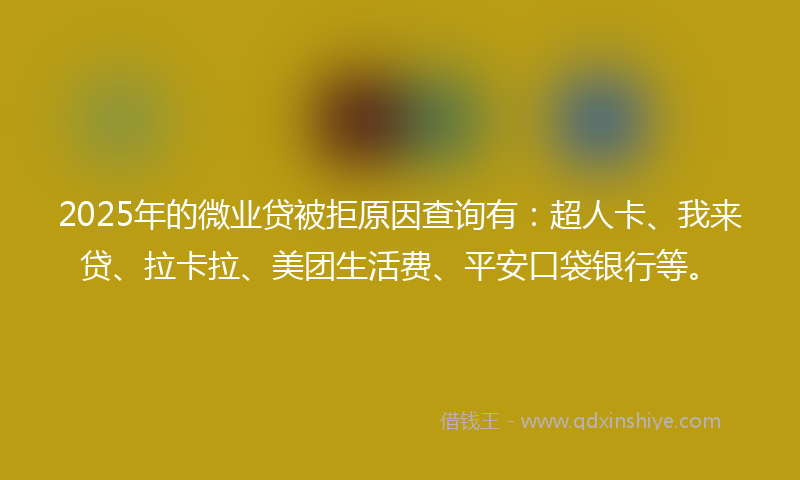 2025年的微业贷被拒原因查询有：超人卡、我来贷、拉卡拉、美团生活费、平安口袋银行等。