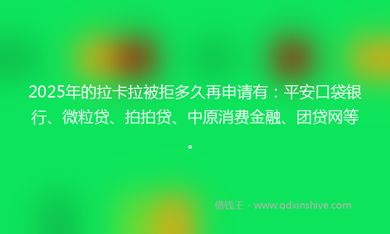 2025年的拉卡拉被拒多久再申请有：平安口袋银行、微粒贷、拍拍贷、中原消费金融、团贷网等。