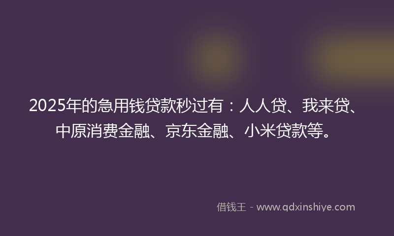 2025年的急用钱贷款秒过有：人人贷、我来贷、中原消费金融、京东金融、小米贷款等。