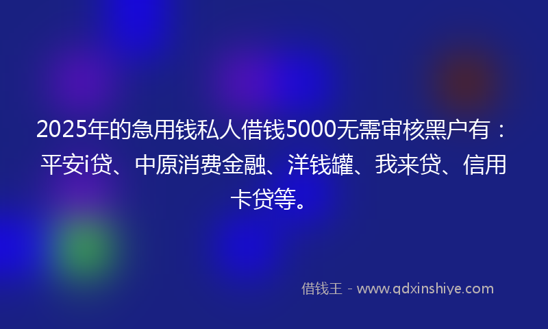 2025年的急用钱私人借钱5000无需审核黑户有：平安i贷、中原消费金融、洋钱罐、我来贷、信用卡贷等。