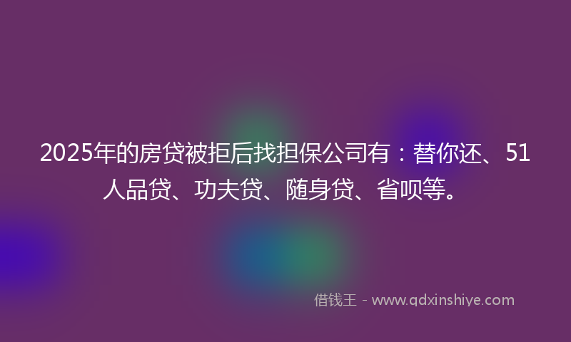 2025年的房贷被拒后找担保公司有：替你还、51人品贷、功夫贷、随身贷、省呗等。
