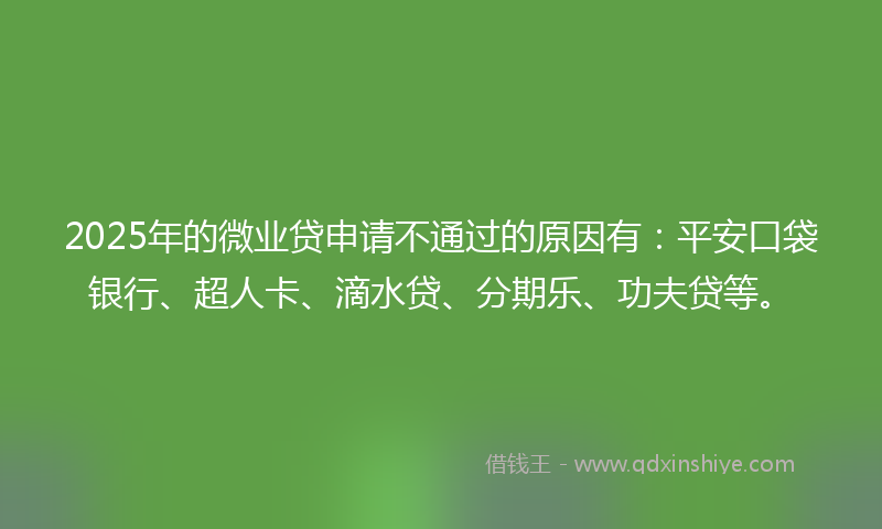 2025年的微业贷申请不通过的原因有：平安口袋银行、超人卡、滴水贷、分期乐、功夫贷等。