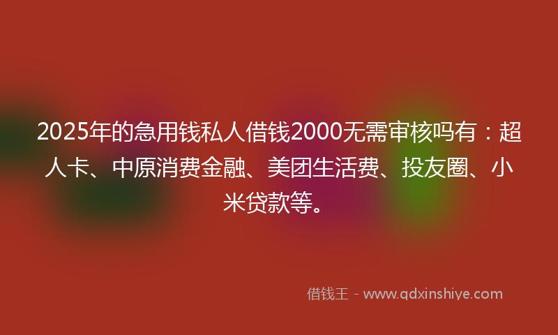 2025年的急用钱私人借钱2000无需审核吗有：超人卡、中原消费金融、美团生活费、投友圈、小米贷款等。