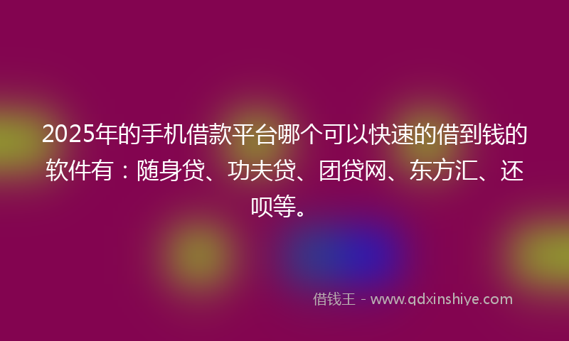 2025年的手机借款平台哪个可以快速的借到钱的软件有：随身贷、功夫贷、团贷网、东方汇、还呗等。