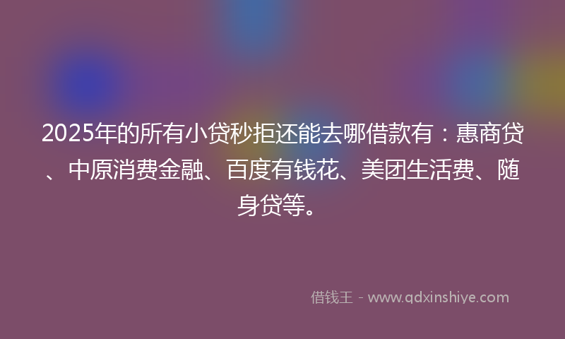 2025年的所有小贷秒拒还能去哪借款有：惠商贷、中原消费金融、百度有钱花、美团生活费、随身贷等。
