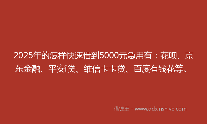 2025年的怎样快速借到5000元急用有：花呗、京东金融、平安i贷、维信卡卡贷、百度有钱花等。
