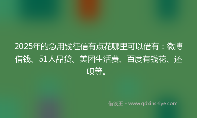2025年的急用钱征信有点花哪里可以借有：微博借钱、51人品贷、美团生活费、百度有钱花、还呗等。
