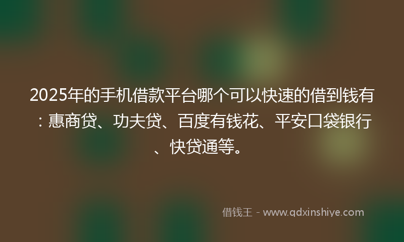 2025年的手机借款平台哪个可以快速的借到钱有：惠商贷、功夫贷、百度有钱花、平安口袋银行、快贷通等。