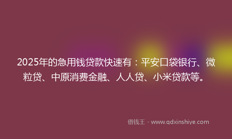 2025年的急用钱贷款快速有：平安口袋银行、微粒贷、中原消费金融、人人贷、小米贷款等。