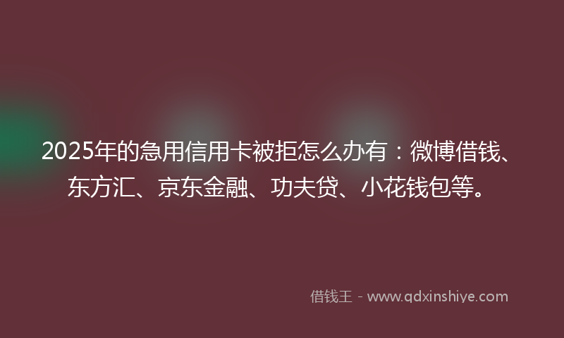 2025年的急用信用卡被拒怎么办有：微博借钱、东方汇、京东金融、功夫贷、小花钱包等。