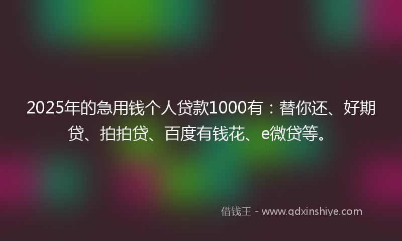2025年的急用钱个人贷款1000有：替你还、好期贷、拍拍贷、百度有钱花、e微贷等。