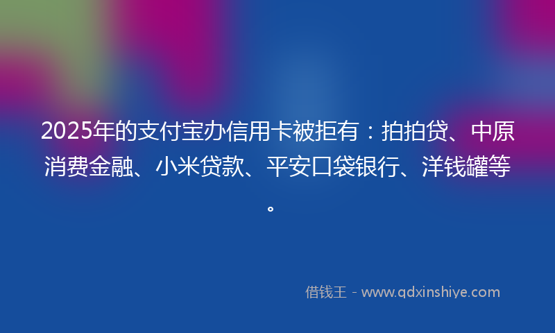 2025年的支付宝办信用卡被拒有：拍拍贷、中原消费金融、小米贷款、平安口袋银行、洋钱罐等。