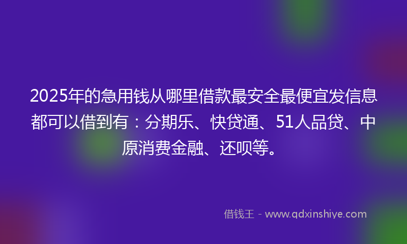 2025年的急用钱从哪里借款最安全最便宜发信息都可以借到有：分期乐、快贷通、51人品贷、中原消费金融、还呗等。