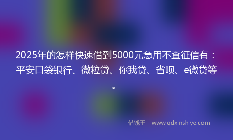2025年的怎样快速借到5000元急用不查征信有：平安口袋银行、微粒贷、你我贷、省呗、e微贷等。