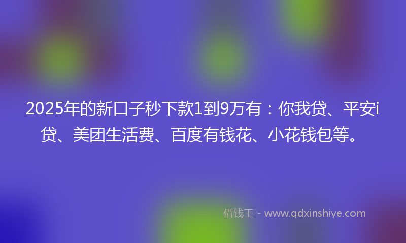 2025年的新口子秒下款1到9万有：你我贷、平安i贷、美团生活费、百度有钱花、小花钱包等。