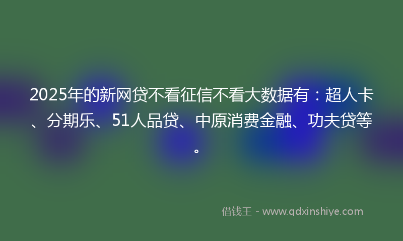 2025年的新网贷不看征信不看大数据有：超人卡、分期乐、51人品贷、中原消费金融、功夫贷等。
