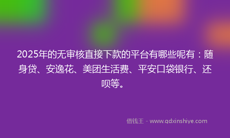 2025年的无审核直接下款的平台有哪些呢有：随身贷、安逸花、美团生活费、平安口袋银行、还呗等。