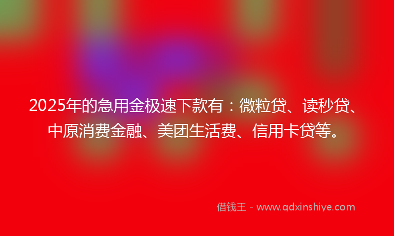 2025年的急用金极速下款有：微粒贷、读秒贷、中原消费金融、美团生活费、信用卡贷等。