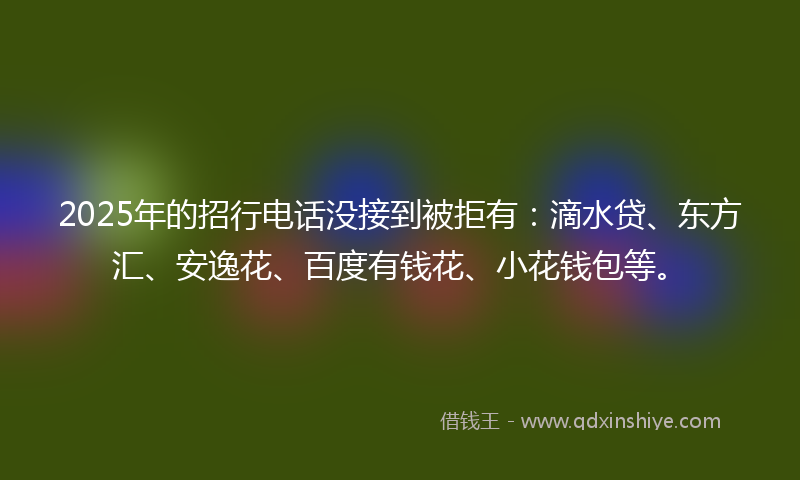 2025年的招行电话没接到被拒有：滴水贷、东方汇、安逸花、百度有钱花、小花钱包等。