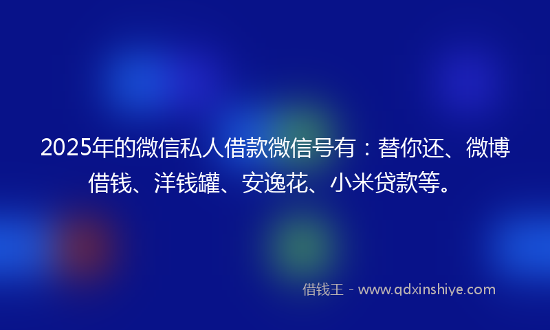 2025年的微信私人借款微信号有：替你还、微博借钱、洋钱罐、安逸花、小米贷款等。