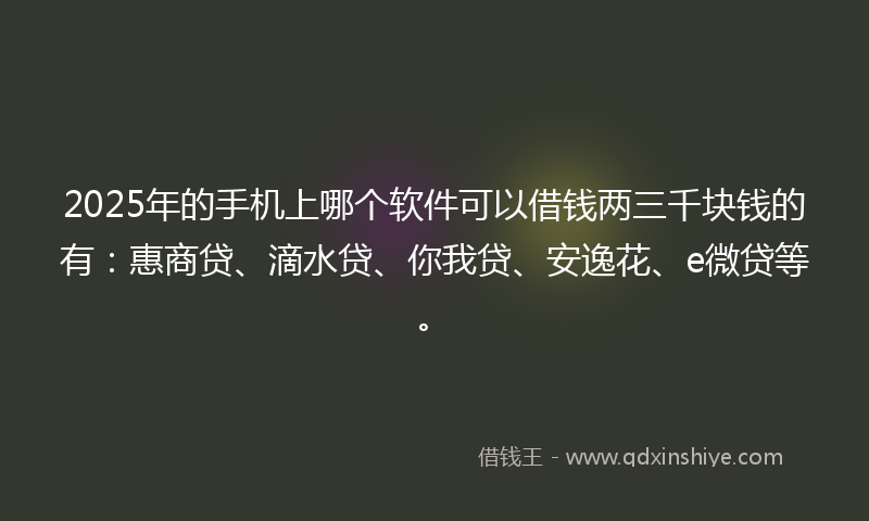 2025年的手机上哪个软件可以借钱两三千块钱的有：惠商贷、滴水贷、你我贷、安逸花、e微贷等。