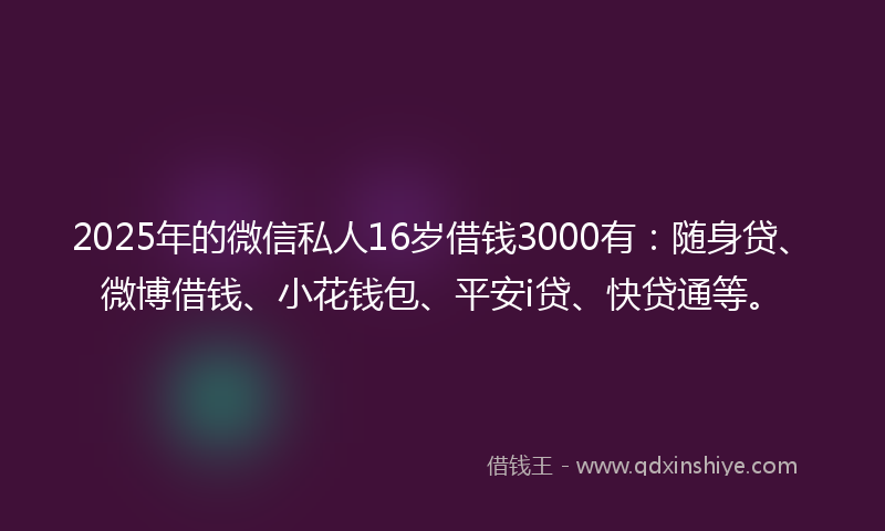 2025年的微信私人16岁借钱3000有：随身贷、微博借钱、小花钱包、平安i贷、快贷通等。