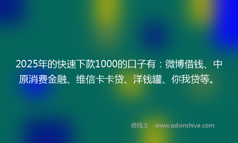 2025年的快速下款1000的口子有：微博借钱、中原消费金融、维信卡卡贷、洋钱罐、你我贷等。
