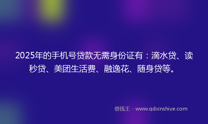 2025年的手机号贷款无需身份证有：滴水贷、读秒贷、美团生活费、融逸花、随身贷等。