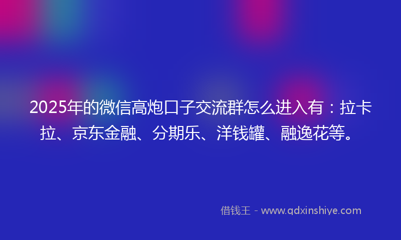2025年的微信高炮口子交流群怎么进入有：拉卡拉、京东金融、分期乐、洋钱罐、融逸花等。