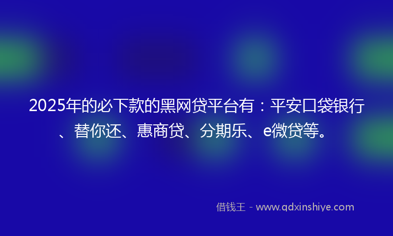 2025年的必下款的黑网贷平台有：平安口袋银行、替你还、惠商贷、分期乐、e微贷等。