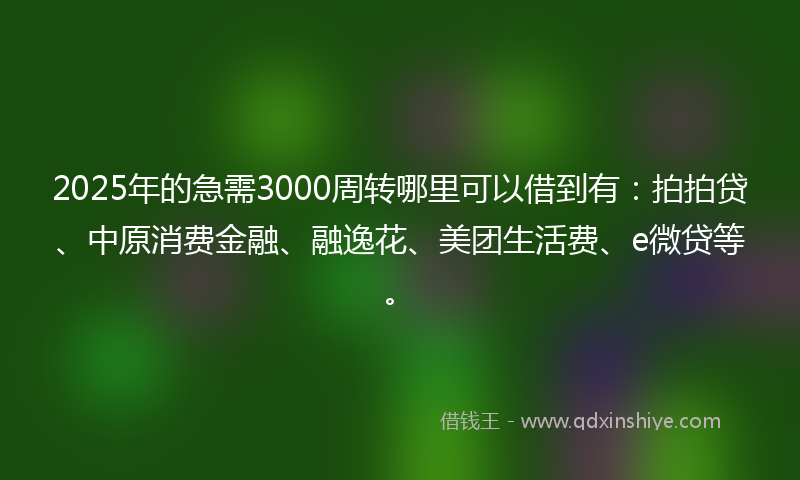 2025年的急需3000周转哪里可以借到有：拍拍贷、中原消费金融、融逸花、美团生活费、e微贷等。