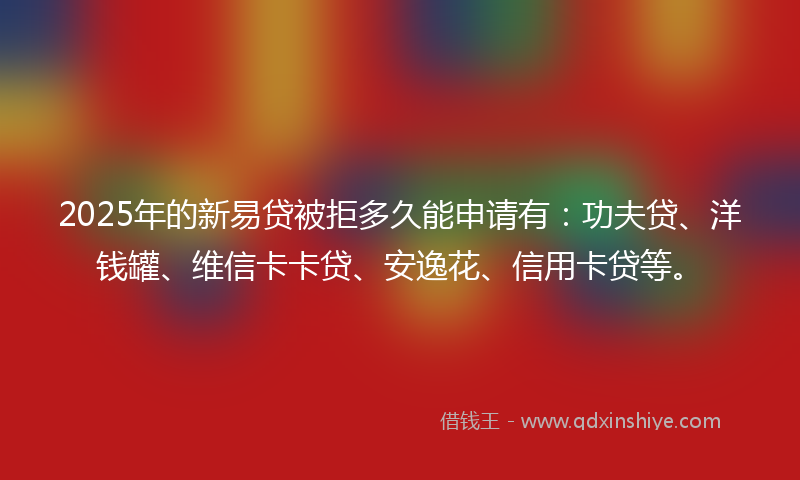 2025年的新易贷被拒多久能申请有：功夫贷、洋钱罐、维信卡卡贷、安逸花、信用卡贷等。