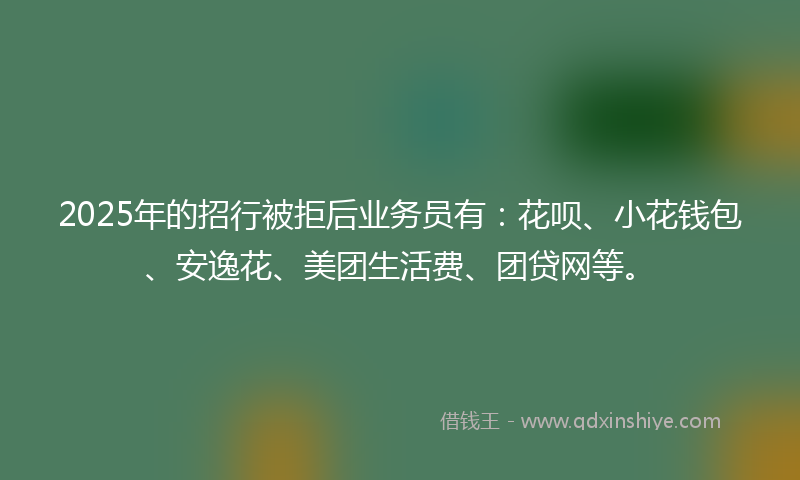 2025年的招行被拒后业务员有：花呗、小花钱包、安逸花、美团生活费、团贷网等。