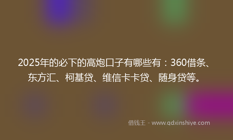 2025年的必下的高炮口子有哪些有：360借条、东方汇、柯基贷、维信卡卡贷、随身贷等。