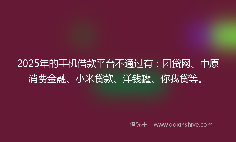 2025年的手机借款平台不通过有：团贷网、中原消费金融、小米贷款、洋钱罐、你我贷等。