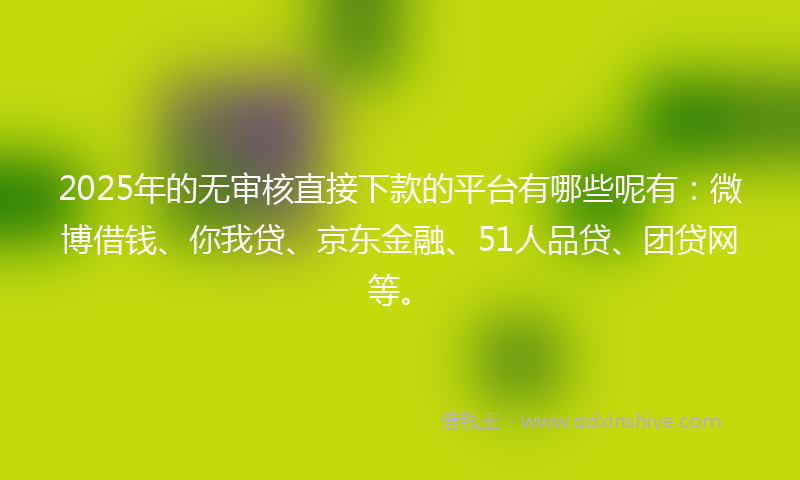 2025年的无审核直接下款的平台有哪些呢有：微博借钱、你我贷、京东金融、51人品贷、团贷网等。