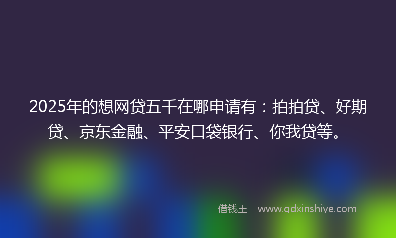 2025年的想网贷五千在哪申请有：拍拍贷、好期贷、京东金融、平安口袋银行、你我贷等。