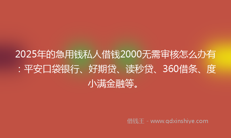 2025年的急用钱私人借钱2000无需审核怎么办有：平安口袋银行、好期贷、读秒贷、360借条、度小满金融等。