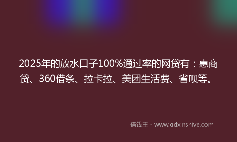 2025年的放水口子100%通过率的网贷有：惠商贷、360借条、拉卡拉、美团生活费、省呗等。