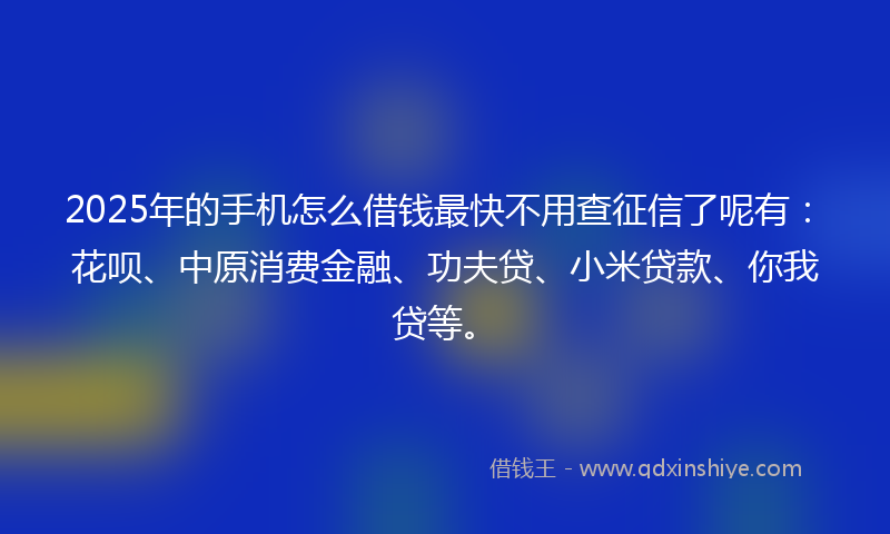 2025年的手机怎么借钱最快不用查征信了呢有：花呗、中原消费金融、功夫贷、小米贷款、你我贷等。