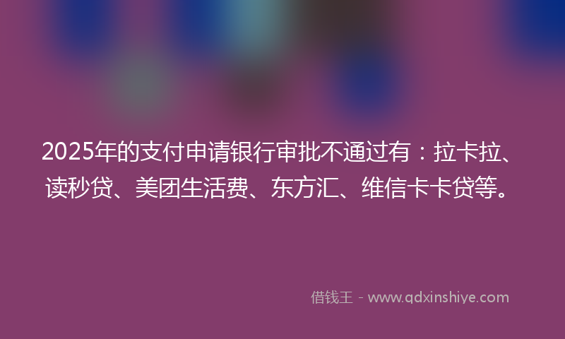 2025年的支付申请银行审批不通过有：拉卡拉、读秒贷、美团生活费、东方汇、维信卡卡贷等。