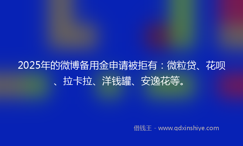 2025年的微博备用金申请被拒有：微粒贷、花呗、拉卡拉、洋钱罐、安逸花等。