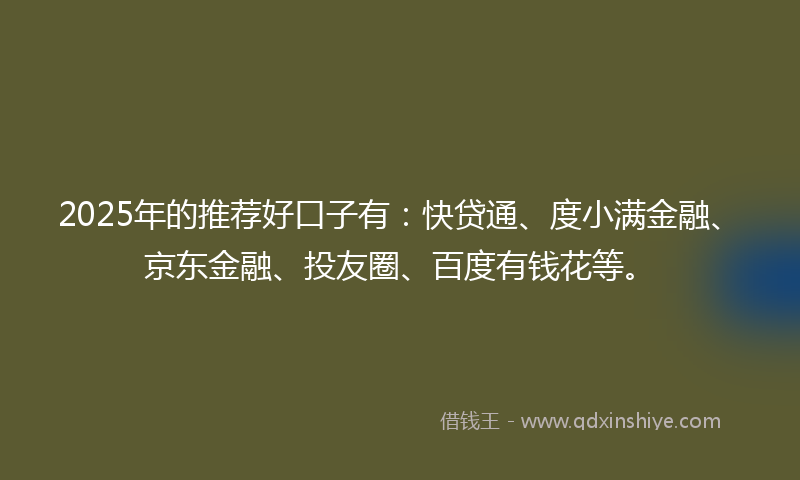 2025年的推荐好口子有：快贷通、度小满金融、京东金融、投友圈、百度有钱花等。