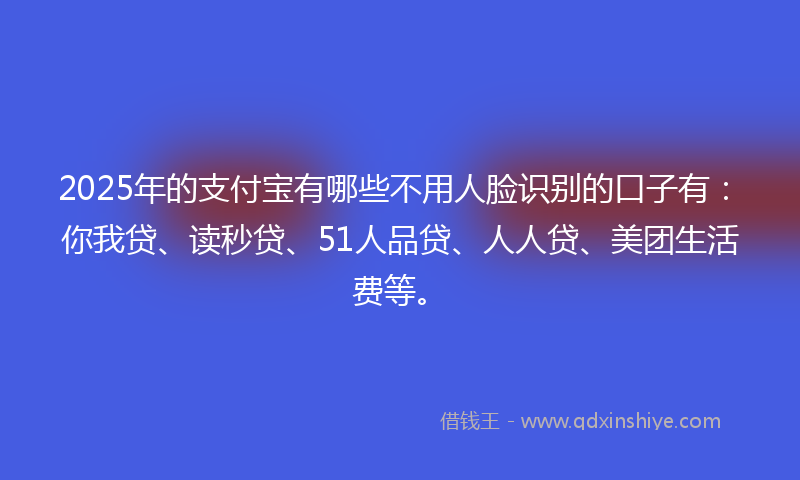 2025年的支付宝有哪些不用人脸识别的口子有：你我贷、读秒贷、51人品贷、人人贷、美团生活费等。