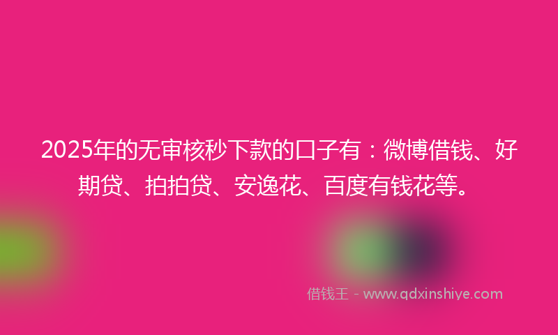 2025年的无审核秒下款的口子有：微博借钱、好期贷、拍拍贷、安逸花、百度有钱花等。
